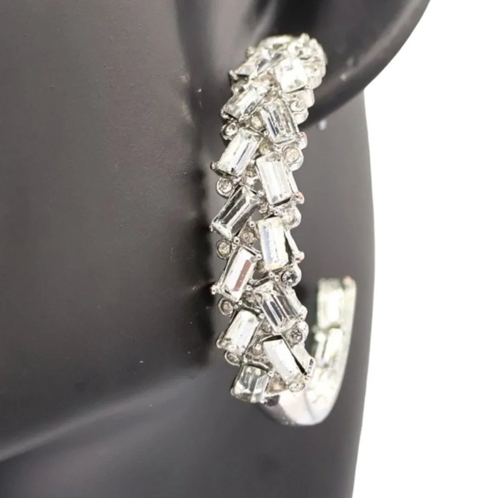 Kenneth Jay Lane Rhodium Crystal Front Hoop Earrings Silver Post Back - Picture 1 of 4